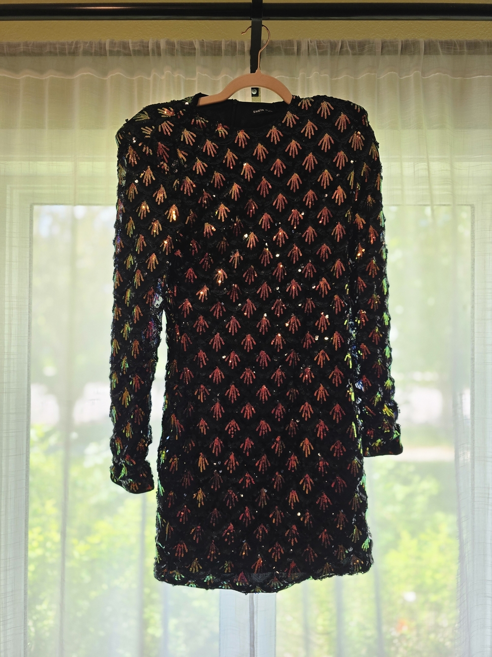 NWT SHEIN Black Long Sleeve Mini Dress with Iridescent Sequin Pattern